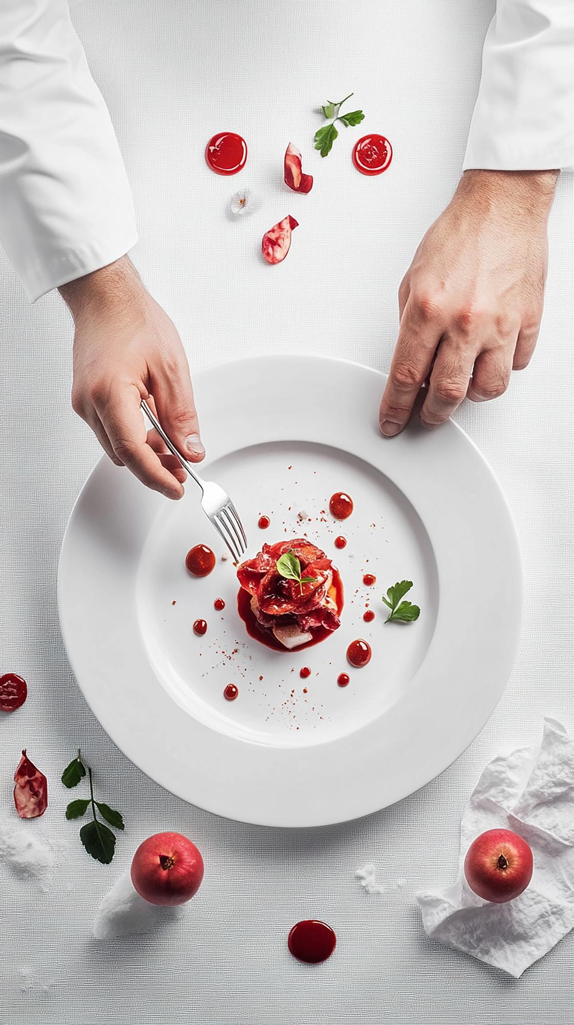 Instructor plating a refined dish in a bright studio
